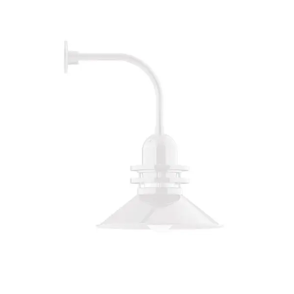 Our outdoor wall lights, inspired by 1920's industrial lighting, in curved arm styles are great for use as sign or awning lights, garage or barn lights. This vintage look works well indoors also, our smallest sizes will illuminate a restaurant menu board, bookcase, or shelving unit. The Atomic has a great retro feel and will lighten up any space. A clear glass jar to protect bulb from the elements is a standard feature. Collection: Atomic Finish: White Glass: 18 inch Atomic Notes: Option (1) A19 LED and 4-Integrated 8W, 10W, 15W, 25W Width: 18.00" Height: 26.50" Length: 22.50" Weight: 12.00 lb Extension from Wall: 22.50" Canopy: 4.625" diameter Number of Bulbs: 1 Maximum Wattage: 200.00 W Bulb Type: A19 Bulb Base: E26 Medium Light Source: Incandescent or LED equivalent Dimmable Voltage: 120.00 V Country of Origin: US Safety Listing: UL/cUL Safety Rating: Wet Dark Sky LED Manufacturer Warranty: 1-year limited warranty on the fixture.