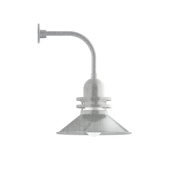 Our outdoor wall lights, inspired by 1920's industrial lighting, in curved arm styles are great for use as sign or awning lights, garage or barn lights. This vintage look works well indoors also, our smallest sizes will illuminate a restaurant menu board, bookcase, or shelving unit. The Atomic has a great retro feel and will lighten up any space. A clear glass jar to protect bulb from the elements is a standard feature. Collection: Atomic Finish: Painted Galvanized Glass: 18 inch Atomic Notes: Option (1) A19 LED and 4-Integrated 8W, 10W, 15W, 25W Width: 18.00" Height: 26.50" Length: 22.50" Weight: 12.00 lb Extension from Wall: 22.50" Canopy: 4.625" diameter Number of Bulbs: 1 Maximum Wattage: 200.00 W Bulb Type: A19 Bulb Base: E26 Medium Light Source: Incandescent or LED equivalent Dimmable Voltage: 120.00 V Country of Origin: US Safety Listing: UL/cUL Safety Rating: Wet Dark Sky LED Manufacturer Warranty: 1-year limited warranty on the fixture.