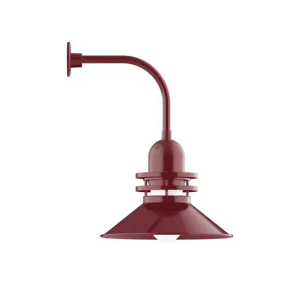Our outdoor wall lights, inspired by 1920's industrial lighting, in curved arm styles are great for use as sign or awning lights, garage or barn lights. This vintage look works well indoors also, our smallest sizes will illuminate a restaurant menu board, bookcase, or shelving unit. The Atomic has a great retro feel and will lighten up any space. A clear glass jar to protect bulb from the elements is a standard feature. Collection: Atomic Finish: Barn Red Glass: 18 inch Atomic Notes: Option (1) A19 LED and 4-Integrated 8W, 10W, 15W, 25W Width: 18.00" Height: 26.50" Length: 22.50" Weight: 12.00 lb Extension from Wall: 22.50" Canopy: 4.625" diameter Number of Bulbs: 1 Maximum Wattage: 200.00 W Bulb Type: A19 Bulb Base: E26 Medium Light Source: Incandescent or LED equivalent Dimmable Voltage: 120.00 V Country of Origin: US Safety Listing: UL/cUL Safety Rating: Wet Dark Sky LED Manufacturer Warranty: 1-year limited warranty on the fixture.