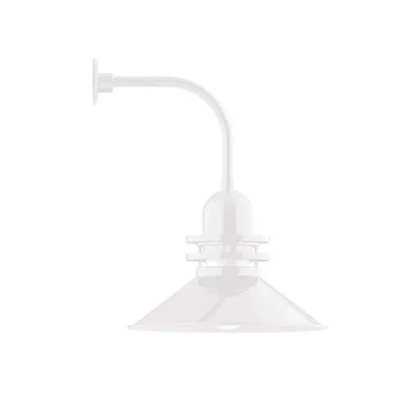 Our outdoor wall lights, inspired by 1920's industrial lighting, in curved arm styles are great for use as sign or awning lights, garage or barn lights. This vintage look works well indoors also, our smallest sizes will illuminate a restaurant menu board, bookcase, or shelving unit. The Atomic has a great retro feel and will lighten up any space. A clear glass jar to protect bulb from the elements is a standard feature. Collection: Atomic Finish: White Glass: 20 inch Atomic Notes: Option (1) A19 LED and 4-Integrated 8W, 10W, 15W, 25W Width: 20.00" Height: 27.00" Length: 23.50" Weight: 12.00 lb Extension from Wall: 23.50" Canopy: 4.625" diameter Number of Bulbs: 1 Maximum Wattage: 200.00 W Bulb Type: A19 Bulb Base: E26 Medium Light Source: Incandescent or LED equivalent Dimmable Voltage: 120.00 V Country of Origin: US Safety Listing: UL/cUL Safety Rating: Wet Dark Sky LED Manufacturer Warranty: 1-year limited warranty on the fixture.