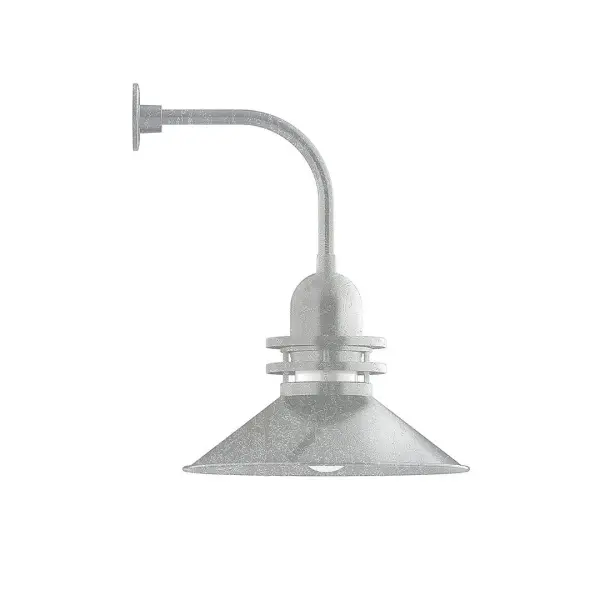 Our outdoor wall lights, inspired by 1920's industrial lighting, in curved arm styles are great for use as sign or awning lights, garage or barn lights. This vintage look works well indoors also, our smallest sizes will illuminate a restaurant menu board, bookcase, or shelving unit. The Atomic has a great retro feel and will lighten up any space. A clear glass jar to protect bulb from the elements is a standard feature. Collection: Atomic Finish: Painted Galvanized Glass: 20 inch Atomic Notes: Option (1) A19 LED and 4-Integrated 8W, 10W, 15W, 25W Width: 20.00" Height: 27.00" Length: 23.50" Weight: 12.00 lb Extension from Wall: 23.50" Canopy: 4.625" diameter Number of Bulbs: 1 Maximum Wattage: 200.00 W Bulb Type: A19 Bulb Base: E26 Medium Light Source: Incandescent or LED equivalent Dimmable Voltage: 120.00 V Country of Origin: US Safety Listing: UL/cUL Safety Rating: Wet Dark Sky LED Manufacturer Warranty: 1-year limited warranty on the fixture.