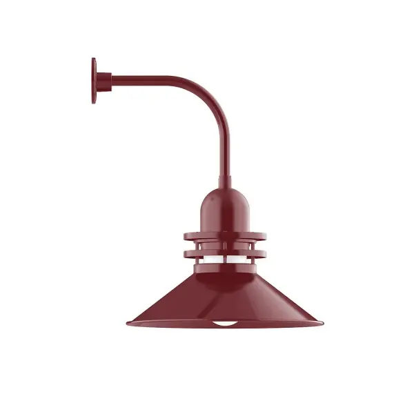 Our outdoor wall lights, inspired by 1920's industrial lighting, in curved arm styles are great for use as sign or awning lights, garage or barn lights. This vintage look works well indoors also, our smallest sizes will illuminate a restaurant menu board, bookcase, or shelving unit. The Atomic has a great retro feel and will lighten up any space. A clear glass jar to protect bulb from the elements is a standard feature. Collection: Atomic Finish: Barn Red Glass: 20 inch Atomic Notes: Option (1) A19 LED and 4-Integrated 8W, 10W, 15W, 25W Width: 20.00" Height: 27.00" Length: 23.50" Weight: 12.00 lb Extension from Wall: 23.50" Canopy: 4.625" diameter Number of Bulbs: 1 Maximum Wattage: 200.00 W Bulb Type: A19 Bulb Base: E26 Medium Light Source: Incandescent or LED equivalent Dimmable Voltage: 120.00 V Country of Origin: US Safety Listing: UL/cUL Safety Rating: Wet Dark Sky LED Manufacturer Warranty: 1-year limited warranty on the fixture.