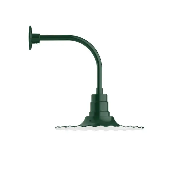 Our outdoor wall lights, inspired by 1920's industrial lighting, in curved arm styles are great for use as sign or awning lights, garage or barn lights. This vintage look works well indoors also, our smallest sizes will illuminate a restaurant menu board, bookcase, or shelving unit. The Radial Shade is fluted to allow water to flow off its surface, suitable for seaside and non-seaside locales. Collection: Radial Finish: Forest Green Glass: Clear Glass with Cast Guard Notes: Option (1) A19 LED and 3-Integrated 8W, 10W, 15W Width: 16.00" Height: 20.00" Length: 22.00" Weight: 12.00 lb Extension from Wall: 22.00" Canopy: 4.625" diameter Number of Bulbs: 1 Maximum Wattage: 100.00 W Bulb Type: A19 Bulb Base: E26 Medium Light Source: Incandescent or LED equivalent Dimmable Voltage: 120.00 V Country of Origin: US Safety Listing: UL/cUL Safety Rating: Wet Dark Sky LED Manufacturer Warranty: 1-year limited warranty on the fixture.