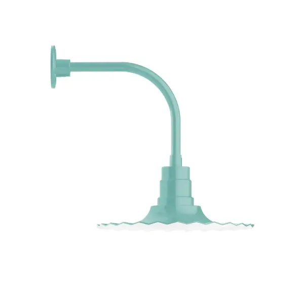 Our outdoor wall lights, inspired by 1920's industrial lighting, in curved arm styles are great for use as sign or awning lights, garage or barn lights. This vintage look works well indoors also, our smallest sizes will illuminate a restaurant menu board, bookcase, or shelving unit. The Radial Shade is fluted to allow water to flow off its surface, suitable for seaside and non-seaside locales. Collection: Radial Finish: Sea Green Glass: Clear Glass with Cast Guard Notes: Option (1) A19 LED and 3-Integrated 8W, 10W, 15W Width: 16.00" Height: 20.00" Length: 22.00" Weight: 12.00 lb Extension from Wall: 22.00" Canopy: 4.625" diameter Number of Bulbs: 1 Maximum Wattage: 100.00 W Bulb Type: A19 Bulb Base: E26 Medium Light Source: Incandescent or LED equivalent Dimmable Voltage: 120.00 V Country of Origin: US Safety Listing: UL/cUL Safety Rating: Wet Dark Sky LED Manufacturer Warranty: 1-year limited warranty on the fixture.