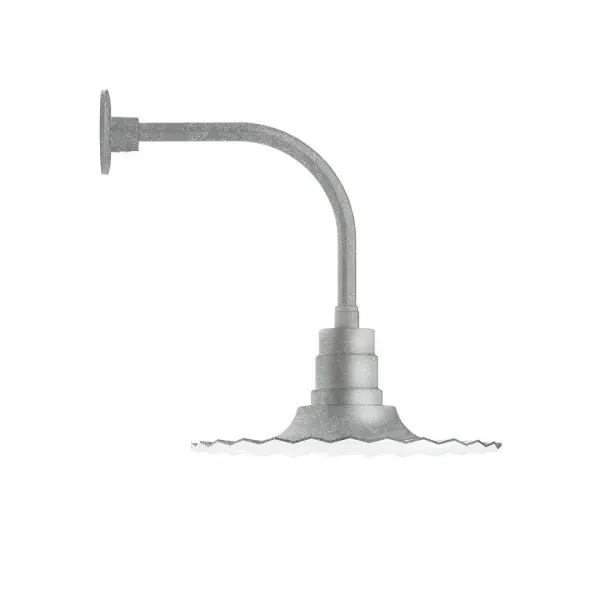 Our outdoor wall lights, inspired by 1920's industrial lighting, in curved arm styles are great for use as sign or awning lights, garage or barn lights. This vintage look works well indoors also, our smallest sizes will illuminate a restaurant menu board, bookcase, or shelving unit. The Radial Shade is fluted to allow water to flow off its surface, suitable for seaside and non-seaside locales. Collection: Radial Finish: Painted Galvanized Glass: 16 inch Radial Notes: Option (1) A19 LED and 3-Integrated 8W, 10W, 15W Width: 16.00" Height: 20.00" Length: 22.00" Weight: 12.00 lb Extension from Wall: 22.00" Canopy: 4.625" diameter Number of Bulbs: 1 Maximum Wattage: 100.00 W Bulb Type: A19 Bulb Base: E26 Medium Light Source: Incandescent or LED equivalent Dimmable Voltage: 120.00 V Country of Origin: US Safety Listing: UL/cUL Safety Rating: Wet Dark Sky LED Manufacturer Warranty: 1-year limited warranty on the fixture.