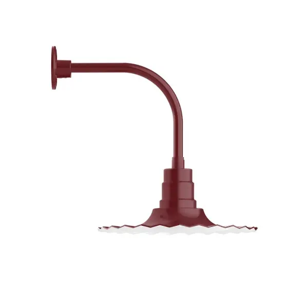 Our outdoor wall lights, inspired by 1920's industrial lighting, in curved arm styles are great for use as sign or awning lights, garage or barn lights. This vintage look works well indoors also, our smallest sizes will illuminate a restaurant menu board, bookcase, or shelving unit. The Radial Shade is fluted to allow water to flow off its surface, suitable for seaside and non-seaside locales. Collection: Radial Finish: Barn Red Glass: 16 inch Radial Notes: Option (1) A19 LED and 3-Integrated 8W, 10W, 15W Width: 16.00" Height: 20.00" Length: 22.00" Weight: 12.00 lb Extension from Wall: 22.00" Canopy: 4.625" diameter Number of Bulbs: 1 Maximum Wattage: 100.00 W Bulb Type: A19 Bulb Base: E26 Medium Light Source: Incandescent or LED equivalent Dimmable Voltage: 120.00 V Country of Origin: US Safety Listing: UL/cUL Safety Rating: Wet Dark Sky LED Manufacturer Warranty: 1-year limited warranty on the fixture.