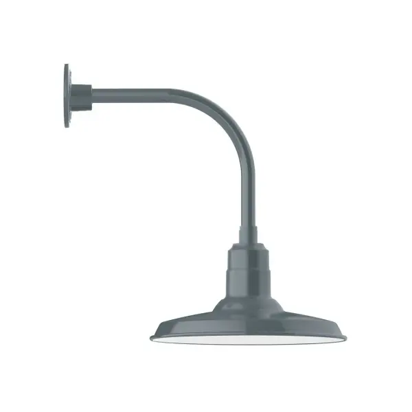 Our outdoor wall lights, inspired by 1920's industrial lighting, in curved arm styles are great for use as sign or awning lights, garage or barn lights. This vintage look works well indoors also, our smallest sizes will illuminate a restaurant menu board, bookcase, or shelving unit. The Warehouse shade is our most popular shade style, and we offer in a large variety of sizes. Collection: Warehouse Finish: Slate Gray Glass: 14 inch Warehouse Notes: Option (1) A19 LED and 3-Integrated 8W, 10W, 15W Width: 14.50" Height: 20.38" Length: 20.88" Weight: 12.00 lb Extension from Wall: 20.88" Canopy: 4.625" diameter Number of Bulbs: 1 Maximum Wattage: 100.00 W Bulb Type: A19 Bulb Base: E26 Medium Light Source: Incandescent or LED equivalent Dimmable Voltage: 120.00 V Country of Origin: US Safety Listing: UL/cUL Safety Rating: Wet Dark Sky LED Manufacturer Warranty: 1-year limited warranty on the fixture.