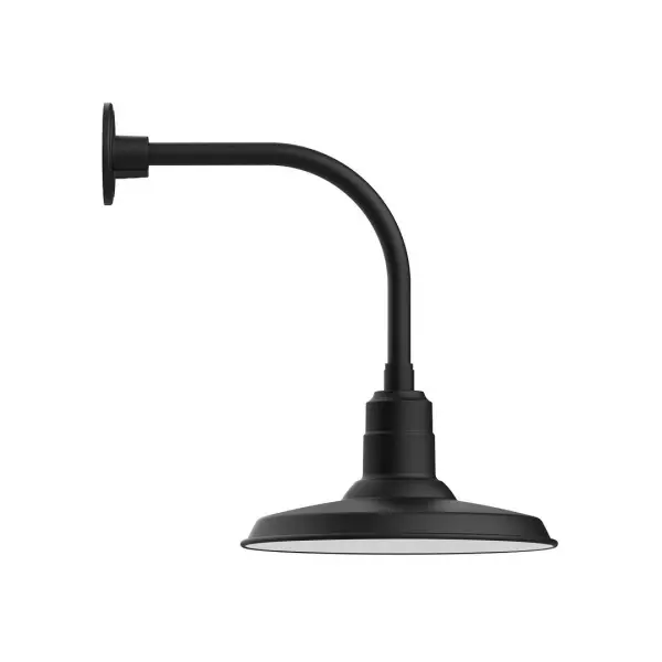 Our outdoor wall lights, inspired by 1920's industrial lighting, in curved arm styles are great for use as sign or awning lights, garage or barn lights. This vintage look works well indoors also, our smallest sizes will illuminate a restaurant menu board, bookcase, or shelving unit. The Warehouse shade is our most popular shade style, and we offer in a large variety of sizes. Collection: Warehouse Finish: Black Glass: 14 inch Warehouse Notes: Option (1) A19 LED and 3-Integrated 8W, 10W, 15W Width: 14.50" Height: 20.38" Length: 20.88" Weight: 12.00 lb Extension from Wall: 20.88" Canopy: 4.625" diameter Number of Bulbs: 1 Maximum Wattage: 100.00 W Bulb Type: A19 Bulb Base: E26 Medium Light Source: Incandescent or LED equivalent Dimmable Voltage: 120.00 V Country of Origin: US Safety Listing: UL/cUL Safety Rating: Wet Dark Sky LED Manufacturer Warranty: 1-year limited warranty on the fixture.
