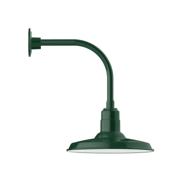 Our outdoor wall lights, inspired by 1920's industrial lighting, in curved arm styles are great for use as sign or awning lights, garage or barn lights. This vintage look works well indoors also, our smallest sizes will illuminate a restaurant menu board, bookcase, or shelving unit. The Warehouse shade is our most popular shade style, and we offer in a large variety of sizes. Collection: Warehouse Finish: Forest Green Glass: Clear Glass with Cast Guard Notes: Option (1) A19 LED and 3-Integrated 8W, 10W, 15W Width: 14.50" Height: 20.38" Length: 20.88" Weight: 12.00 lb Extension from Wall: 20.88" Canopy: 4.625" diameter Number of Bulbs: 1 Maximum Wattage: 100.00 W Bulb Type: A19 Bulb Base: E26 Medium Light Source: Incandescent or LED equivalent Dimmable Voltage: 120.00 V Country of Origin: US Safety Listing: UL/cUL Safety Rating: Wet Dark Sky LED Manufacturer Warranty: 1-year limited warranty on the fixture.