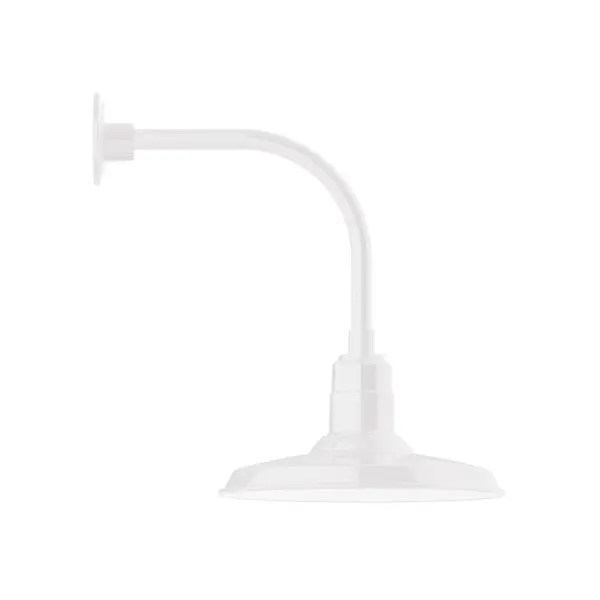 Our outdoor wall lights, inspired by 1920's industrial lighting, in curved arm styles are great for use as sign or awning lights, garage or barn lights. This vintage look works well indoors also, our smallest sizes will illuminate a restaurant menu board, bookcase, or shelving unit. The Warehouse shade is our most popular shade style, and we offer in a large variety of sizes. Collection: Warehouse Finish: White Glass: Clear Glass with Cast Guard Notes: Option (1) A19 LED and 3-Integrated 8W, 10W, 15W Width: 14.50" Height: 20.38" Length: 20.88" Weight: 12.00 lb Extension from Wall: 20.88" Canopy: 4.625" diameter Number of Bulbs: 1 Maximum Wattage: 100.00 W Bulb Type: A19 Bulb Base: E26 Medium Light Source: Incandescent or LED equivalent Dimmable Voltage: 120.00 V Country of Origin: US Safety Listing: UL/cUL Safety Rating: Wet Dark Sky LED Manufacturer Warranty: 1-year limited warranty on the fixture.