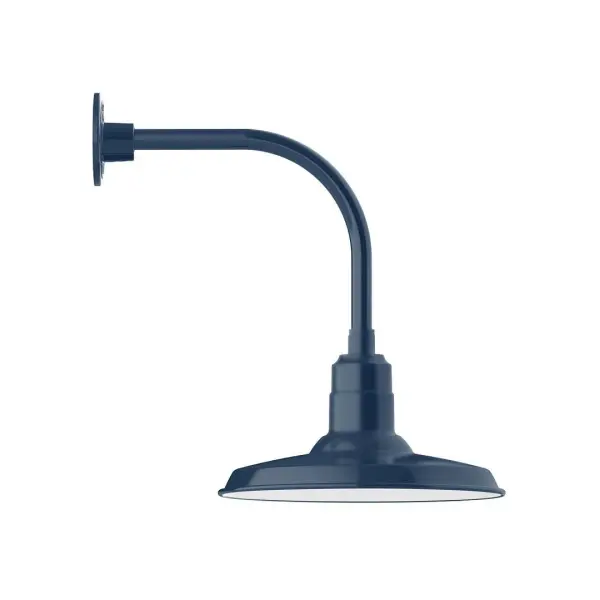 Our outdoor wall lights, inspired by 1920's industrial lighting, in curved arm styles are great for use as sign or awning lights, garage or barn lights. This vintage look works well indoors also, our smallest sizes will illuminate a restaurant menu board, bookcase, or shelving unit. The Warehouse shade is our most popular shade style, and we offer in a large variety of sizes. Collection: Warehouse Finish: Navy Glass: 14 inch Warehouse Width: 14.50" Height: 20.38" Length: 20.88" Weight: 12.00 lb Extension from Wall: 20.88" Canopy: 4.625" diameter Number of Bulbs: 1 Maximum Wattage: 15.00 W Light Source: LED Light Output: 1200.00 lm Color Temperature: 3000 K CRI: 90 Dimmable Rated Average Life: 50,000 Voltage: 120.00 V Country of Origin: US Safety Listing: UL/cUL Safety Rating: Wet Dark Sky LED Manufacturer Warranty: 1-year limited warranty on the fixture.