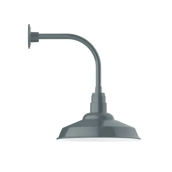 Our outdoor wall lights, inspired by 1920's industrial lighting, in curved arm styles are great for use as sign or awning lights, garage or barn lights. This vintage look works well indoors also, our smallest sizes will illuminate a restaurant menu board, bookcase, or shelving unit. The Warehouse shade is our most popular shade style, and we offer in a large variety of sizes. Collection: Warehouse Finish: Slate Gray Glass: 16 inch Warehouse Notes: Option (1) A19 LED and 3-Integrated 8W, 10W, 15W Width: 16.25" Height: 22.25" Length: 21.50" Weight: 12.00 lb Extension from Wall: 21.50" Canopy: 4.625" diameter Number of Bulbs: 1 Maximum Wattage: 100.00 W Bulb Type: A19 Bulb Base: E26 Medium Light Source: Incandescent or LED equivalent Dimmable Voltage: 120.00 V Country of Origin: US Safety Listing: UL/cUL Safety Rating: Wet Dark Sky LED Manufacturer Warranty: 1-year limited warranty on the fixture.