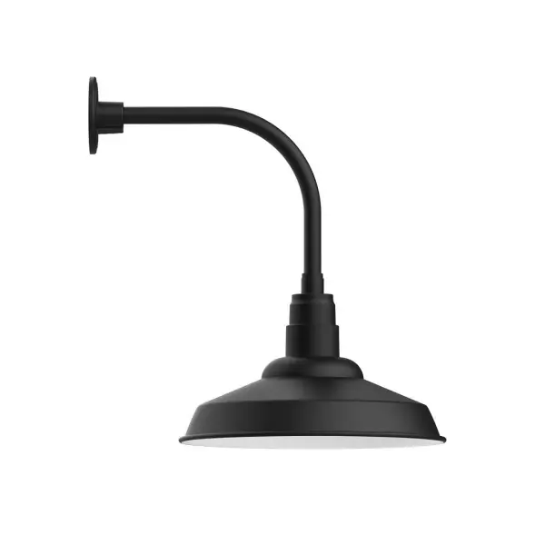 Our outdoor wall lights, inspired by 1920's industrial lighting, in curved arm styles are great for use as sign or awning lights, garage or barn lights. This vintage look works well indoors also, our smallest sizes will illuminate a restaurant menu board, bookcase, or shelving unit. The Warehouse shade is our most popular shade style, and we offer in a large variety of sizes. Collection: Warehouse Finish: Black Glass: 16 inch Warehouse Notes: Option (1) A19 LED and 3-Integrated 8W, 10W, 15W Width: 16.25" Height: 22.25" Length: 21.50" Weight: 12.00 lb Extension from Wall: 21.50" Canopy: 4.625" diameter Number of Bulbs: 1 Maximum Wattage: 100.00 W Bulb Type: A19 Bulb Base: E26 Medium Light Source: Incandescent or LED equivalent Dimmable Voltage: 120.00 V Country of Origin: US Safety Listing: UL/cUL Safety Rating: Wet Dark Sky LED Manufacturer Warranty: 1-year limited warranty on the fixture.
