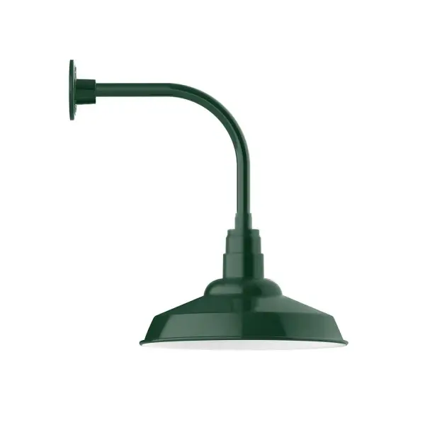 Our outdoor wall lights, inspired by 1920's industrial lighting, in curved arm styles are great for use as sign or awning lights, garage or barn lights. This vintage look works well indoors also, our smallest sizes will illuminate a restaurant menu board, bookcase, or shelving unit. The Warehouse shade is our most popular shade style, and we offer in a large variety of sizes. Collection: Warehouse Finish: Forest Green Glass: 16 inch Warehouse Width: 16.25" Height: 22.25" Length: 21.50" Weight: 12.00 lb Extension from Wall: 21.50" Canopy: 4.625" diameter Number of Bulbs: 1 Maximum Wattage: 15.00 W Light Source: LED Light Output: 1200.00 lm Color Temperature: 2700 K CRI: 90 Dimmable Rated Average Life: 50,000 Voltage: 120.00 V Country of Origin: US Safety Listing: UL/cUL Safety Rating: Wet Dark Sky LED Manufacturer Warranty: 1-year limited warranty on the fixture.