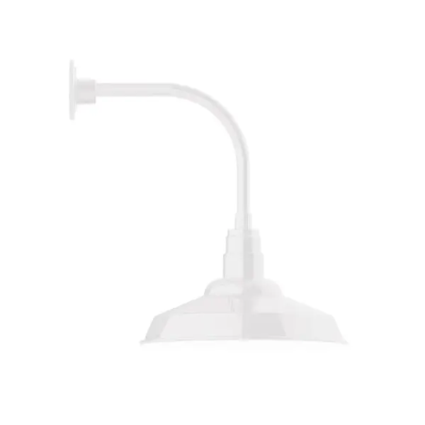 Our outdoor wall lights, inspired by 1920's industrial lighting, in curved arm styles are great for use as sign or awning lights, garage or barn lights. This vintage look works well indoors also, our smallest sizes will illuminate a restaurant menu board, bookcase, or shelving unit. The Warehouse shade is our most popular shade style, and we offer in a large variety of sizes. Collection: Warehouse Finish: White Glass: Clear Glass with Cast Guard Notes: Option (1) A19 LED and 3-Integrated 8W, 10W, 15W Width: 16.25" Height: 22.25" Length: 21.50" Weight: 12.00 lb Extension from Wall: 21.50" Canopy: 4.625" diameter Number of Bulbs: 1 Maximum Wattage: 100.00 W Bulb Type: A19 Bulb Base: E26 Medium Light Source: Incandescent or LED equivalent Dimmable Voltage: 120.00 V Country of Origin: US Safety Listing: UL/cUL Safety Rating: Wet Dark Sky LED Manufacturer Warranty: 1-year limited warranty on the fixture.