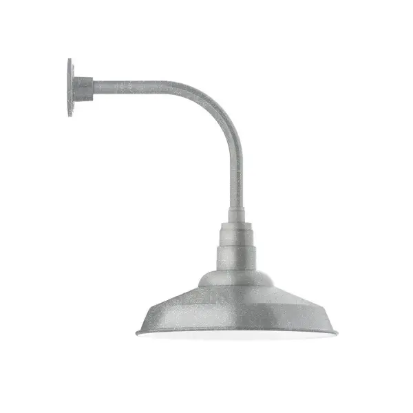 Our outdoor wall lights, inspired by 1920's industrial lighting, in curved arm styles are great for use as sign or awning lights, garage or barn lights. This vintage look works well indoors also, our smallest sizes will illuminate a restaurant menu board, bookcase, or shelving unit. The Warehouse shade is our most popular shade style, and we offer in a large variety of sizes. Collection: Warehouse Finish: Painted Galvanized Glass: 16 inch Warehouse Width: 16.25" Height: 22.25" Length: 21.50" Weight: 12.00 lb Extension from Wall: 21.50" Canopy: 4.625" diameter Number of Bulbs: 1 Maximum Wattage: 15.00 W Light Source: LED Light Output: 1200.00 lm Color Temperature: 3000 K CRI: 90 Dimmable Rated Average Life: 50,000 Voltage: 120.00 V Country of Origin: US Safety Listing: UL/cUL Safety Rating: Wet Dark Sky LED Manufacturer Warranty: 1-year limited warranty on the fixture.