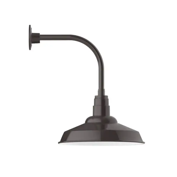 Our outdoor wall lights, inspired by 1920's industrial lighting, in curved arm styles are great for use as sign or awning lights, garage or barn lights. This vintage look works well indoors also, our smallest sizes will illuminate a restaurant menu board, bookcase, or shelving unit. The Warehouse shade is our most popular shade style, and we offer in a large variety of sizes. Collection: Warehouse Finish: Architectural Bronze Glass: 16 inch Warehouse Notes: Option (1) A19 LED and 3-Integrated 8W, 10W, 15W Width: 16.25" Height: 22.25" Length: 21.50" Weight: 12.00 lb Extension from Wall: 21.50" Canopy: 4.625" diameter Number of Bulbs: 1 Maximum Wattage: 100.00 W Bulb Type: A19 Bulb Base: E26 Medium Light Source: Incandescent or LED equivalent Dimmable Voltage: 120.00 V Country of Origin: US Safety Listing: UL/cUL Safety Rating: Wet Dark Sky LED Manufacturer Warranty: 1-year limited warranty on the fixture.