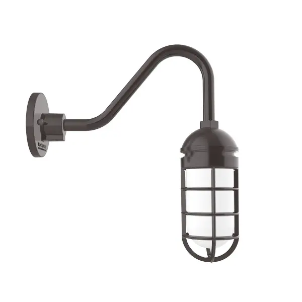 Our outdoor wall lights, inspired by 1920’s industrial lighting, in straight arm styles are great for use as sign or awning lights, garage or barn lights. This vintage look works well indoors, as a wall sconce to illuminate an entry or hallway, stairway, or bathroom. Our weathertight glass and guard will protect your light source from damage in a storm, as well as light your way in great nautical style.