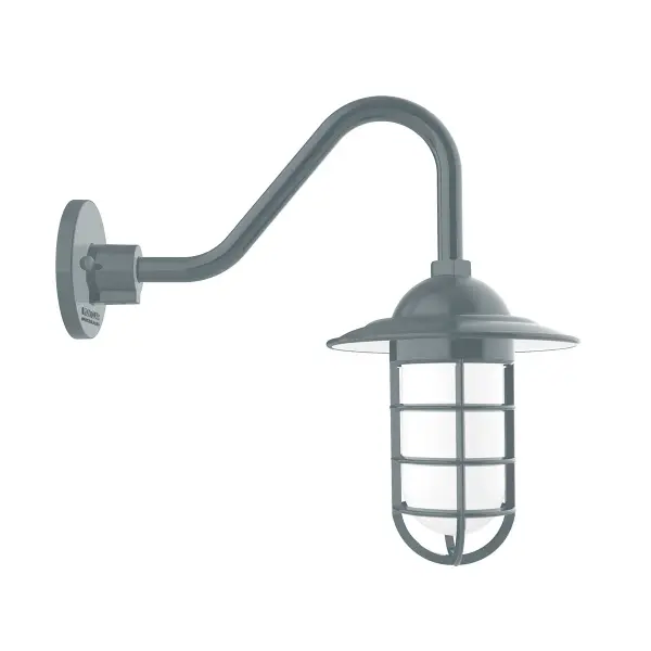 Our outdoor wall lights, inspired by 1920’s industrial lighting, in straight arm styles are great for use as sign or awning lights, garage or barn lights. This vintage look works well indoors, as a wall sconce to illuminate an entry or hallway, stairway, or bathroom. Our weathertight glass and guard will protect your light source from damage in a storm, as well as light your way in great nautical style.