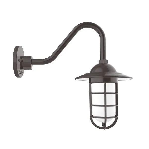 Our outdoor wall lights, inspired by 1920’s industrial lighting, in straight arm styles are great for use as sign or awning lights, garage or barn lights. This vintage look works well indoors, as a wall sconce to illuminate an entry or hallway, stairway, or bathroom. Our weathertight glass and guard will protect your light source from damage in a storm, as well as light your way in great nautical style.