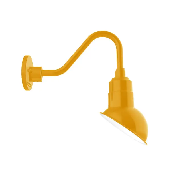 Our outdoor wall lights, inspired by 1920’s industrial lighting, in classic gooseneck arm styles are great for use as sign or awning lights, garage or barn lights. This vintage look works well indoors also, our smallest sizes will illuminate a restaurant menu board, bookcase, or shelving unit. The Emblem shade is designed to illuminate the surface to which it is mounted.