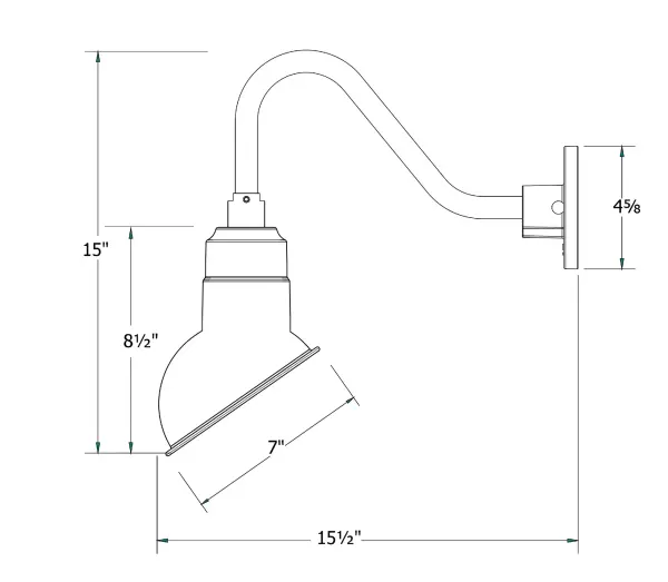 Our outdoor wall lights, inspired by 1920’s industrial lighting, in classic gooseneck arm styles are great for use as sign or awning lights, garage or barn lights. This vintage look works well indoors also, our smallest sizes will illuminate a restaurant menu board, bookcase, or shelving unit. The Emblem shade is designed to illuminate the surface to which it is mounted. - alternate view