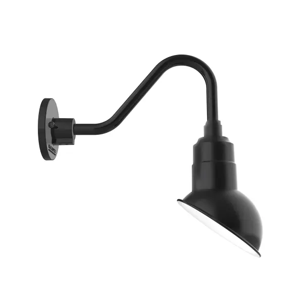 Our outdoor wall lights, inspired by 1920’s industrial lighting, in classic gooseneck arm styles are great for use as sign or awning lights, garage or barn lights. This vintage look works well indoors also, our smallest sizes will illuminate a restaurant menu board, bookcase, or shelving unit. The Emblem shade is designed to illuminate the surface to which it is mounted.
