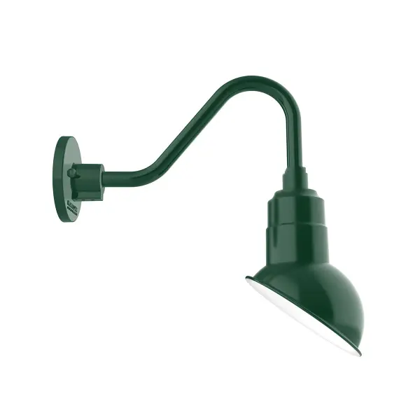 Our outdoor wall lights, inspired by 1920’s industrial lighting, in classic gooseneck arm styles are great for use as sign or awning lights, garage or barn lights. This vintage look works well indoors also, our smallest sizes will illuminate a restaurant menu board, bookcase, or shelving unit. The Emblem shade is designed to illuminate the surface to which it is mounted.