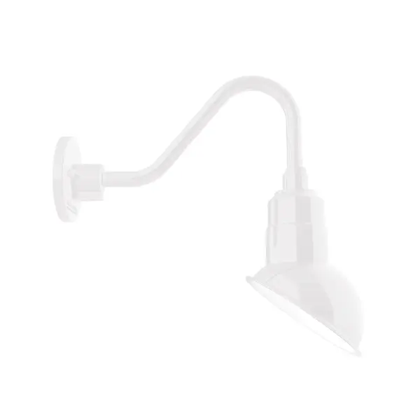 Our outdoor wall lights, inspired by 1920’s industrial lighting, in classic gooseneck arm styles are great for use as sign or awning lights, garage or barn lights. This vintage look works well indoors also, our smallest sizes will illuminate a restaurant menu board, bookcase, or shelving unit. The Emblem shade is designed to illuminate the surface to which it is mounted.