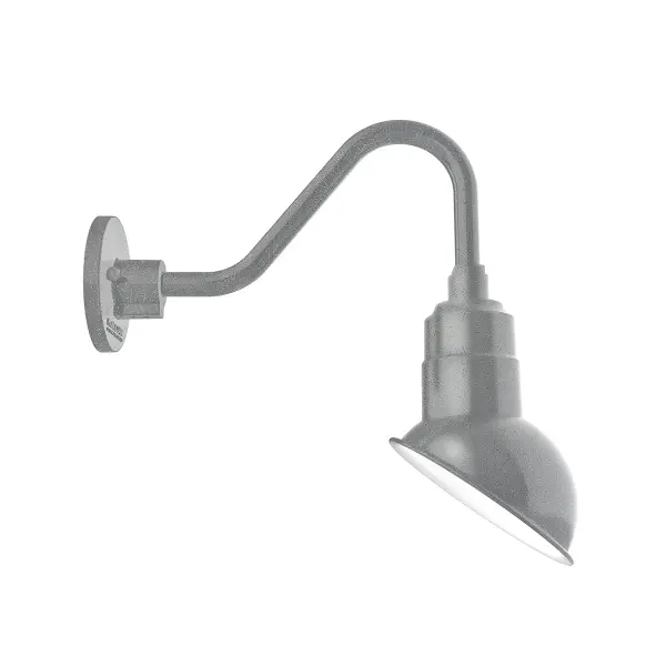 Our outdoor wall lights, inspired by 1920’s industrial lighting, in classic gooseneck arm styles are great for use as sign or awning lights, garage or barn lights. This vintage look works well indoors also, our smallest sizes will illuminate a restaurant menu board, bookcase, or shelving unit. The Emblem shade is designed to illuminate the surface to which it is mounted.