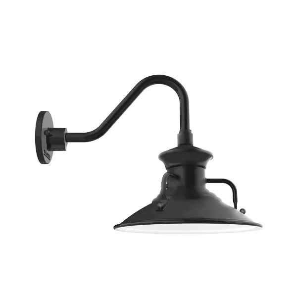 Our outdoor wall lights, inspired by 1920’s industrial lighting, in Gooseneck styles are great for use as sign or awning lights, garage or barn lights. This vintage look works well indoors also, our smallest sizes will illuminate a restaurant menu board, bookcase, or shelving unit. The Homestead shade with its cap and handles, has great farmhouse flair.
