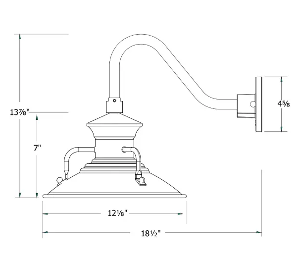 Our outdoor wall lights, inspired by 1920’s industrial lighting, in Gooseneck styles are great for use as sign or awning lights, garage or barn lights. This vintage look works well indoors also, our smallest sizes will illuminate a restaurant menu board, bookcase, or shelving unit. The Homestead shade with its cap and handles, has great farmhouse flair. - alternate view