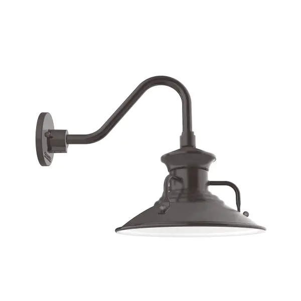 Our outdoor wall lights, inspired by 1920’s industrial lighting, in Gooseneck styles are great for use as sign or awning lights, garage or barn lights. This vintage look works well indoors also, our smallest sizes will illuminate a restaurant menu board, bookcase, or shelving unit. The Homestead shade with its cap and handles, has great farmhouse flair.