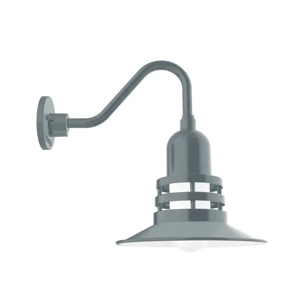 Our outdoor wall lights, inspired by 1920’s industrial lighting, in Gooseneck styles are great for use as sign or awning lights, garage or barn lights. This vintage look works well indoors also, our smallest sizes will illuminate a restaurant menu board, bookcase, or shelving unit. The Atomic has a great retro feel and will lighten up any space. A clear glass jar to protect bulb from the elements is a standard feature.
