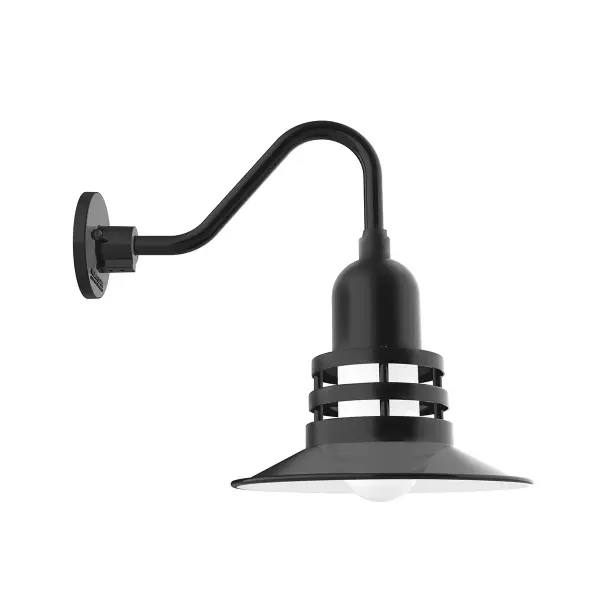 Our outdoor wall lights, inspired by 1920’s industrial lighting, in Gooseneck styles are great for use as sign or awning lights, garage or barn lights. This vintage look works well indoors also, our smallest sizes will illuminate a restaurant menu board, bookcase, or shelving unit. The Atomic has a great retro feel and will lighten up any space. A clear glass jar to protect bulb from the elements is a standard feature.