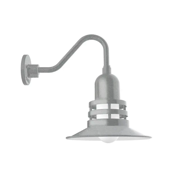 Our outdoor wall lights, inspired by 1920’s industrial lighting, in Gooseneck styles are great for use as sign or awning lights, garage or barn lights. This vintage look works well indoors also, our smallest sizes will illuminate a restaurant menu board, bookcase, or shelving unit. The Atomic has a great retro feel and will lighten up any space. A clear glass jar to protect bulb from the elements is a standard feature.