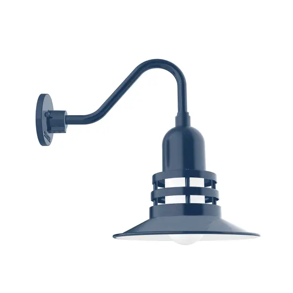 Our outdoor wall lights, inspired by 1920’s industrial lighting, in Gooseneck styles are great for use as sign or awning lights, garage or barn lights. This vintage look works well indoors also, our smallest sizes will illuminate a restaurant menu board, bookcase, or shelving unit. The Atomic has a great retro feel and will lighten up any space. A clear glass jar to protect bulb from the elements is a standard feature.