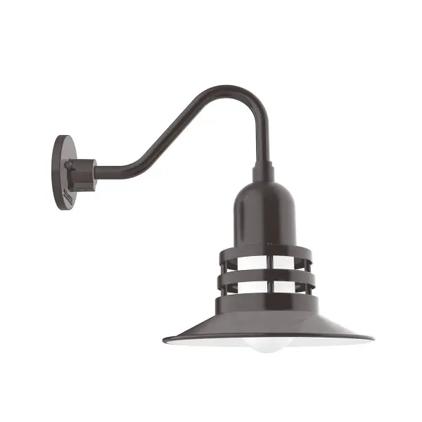 Our outdoor wall lights, inspired by 1920’s industrial lighting, in Gooseneck styles are great for use as sign or awning lights, garage or barn lights. This vintage look works well indoors also, our smallest sizes will illuminate a restaurant menu board, bookcase, or shelving unit. The Atomic has a great retro feel and will lighten up any space. A clear glass jar to protect bulb from the elements is a standard feature.