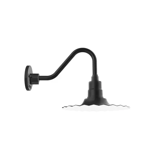 Our outdoor wall lights, inspired by 1920’s industrial lighting, in Gooseneck styles are great for use as sign or awning lights, garage or barn lights. This vintage look works well indoors also, our smallest sizes will illuminate a restaurant menu board, bookcase, or shelving unit. The Radial Shade is fluted to allow water to flow off its surface, suitable for seaside and non-seaside locales.