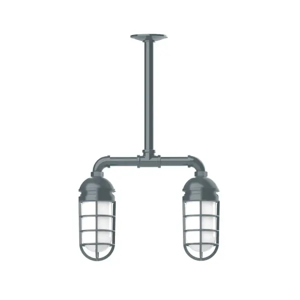 Maximize your light output with our Multi-Light Stem Hung Pendants. Illuminate an outdoor or indoor kitchen island or dining table, hang over a sink or in the bath. The industrial look works well in both commercial and residential applications. Our weathertight glass and guard will protect your light source from damage in a storm, as well as light your way in great nautical style. Collection: Vaportite Finish: Slate Gray Glass: 5 inch Vaportite Notes: Option (2) A19 LED and 1-Integrated 8W Width: 4.63" Height: 23.38" Length: 15.50" Weight: 13.00 lb Canopy: 4.125" diameter Number of Bulbs: 2 Maximum Wattage: 100.00 W Bulb Type: A19 Bulb Base: E26 Medium Light Source: Incandescent or LED equivalent Dimmable Voltage: 120.00 V Country of Origin: US Safety Listing: UL/cUL Safety Rating: Wet Dark Sky LED Manufacturer Warranty: 1-year limited warranty on the fixture.