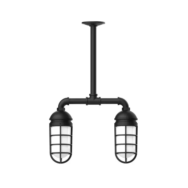 Maximize your light output with our Multi-Light Stem Hung Pendants. Illuminate an outdoor or indoor kitchen island or dining table, hang over a sink or in the bath. The industrial look works well in both commercial and residential applications. Our weathertight glass and guard will protect your light source from damage in a storm, as well as light your way in great nautical style. Collection: Vaportite Finish: Black Glass: 5 inch Vaportite Notes: Option (2) A19 LED and 1-Integrated 8W Width: 4.63" Height: 23.38" Length: 15.50" Weight: 13.00 lb Canopy: 4.125" diameter Number of Bulbs: 2 Maximum Wattage: 100.00 W Bulb Type: A19 Bulb Base: E26 Medium Light Source: Incandescent or LED equivalent Dimmable Voltage: 120.00 V Country of Origin: US Safety Listing: UL/cUL Safety Rating: Wet Dark Sky LED Manufacturer Warranty: 1-year limited warranty on the fixture.