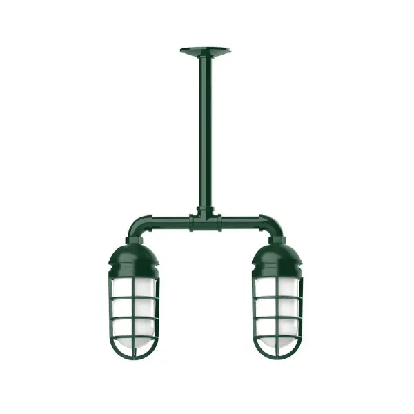 Maximize your light output with our Multi-Light Stem Hung Pendants. Illuminate an outdoor or indoor kitchen island or dining table, hang over a sink or in the bath. The industrial look works well in both commercial and residential applications. Our weathertight glass and guard will protect your light source from damage in a storm, as well as light your way in great nautical style. Collection: Vaportite Finish: Forest Green Glass: 5 inch Vaportite Notes: Option (2) A19 LED and 1-Integrated 8W Width: 4.63" Height: 23.38" Length: 15.50" Weight: 13.00 lb Canopy: 4.125" diameter Number of Bulbs: 2 Maximum Wattage: 100.00 W Bulb Type: A19 Bulb Base: E26 Medium Light Source: Incandescent or LED equivalent Dimmable Voltage: 120.00 V Country of Origin: US Safety Listing: UL/cUL Safety Rating: Wet Dark Sky LED Manufacturer Warranty: 1-year limited warranty on the fixture.