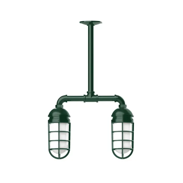Maximize your light output with our Multi-Light Stem Hung Pendants. Illuminate an outdoor or indoor kitchen island or dining table, hang over a sink or in the bath. The industrial look works well in both commercial and residential applications. Our weathertight glass and guard will protect your light source from damage in a storm, as well as light your way in great nautical style. Collection: Vaportite Finish: Forest Green Glass: 5 inch Vaportite Notes: Option (2) A19 LED and 1-Integrated 8W Width: 4.63" Height: 23.38" Length: 15.50" Weight: 13.00 lb Canopy: 4.125" diameter Number of Bulbs: 2 Maximum Wattage: 100.00 W Bulb Type: A19 Bulb Base: E26 Medium Light Source: Incandescent or LED equivalent Dimmable Voltage: 120.00 V Country of Origin: US Safety Listing: UL/cUL Safety Rating: Wet Dark Sky LED Manufacturer Warranty: 1-year limited warranty on the fixture.