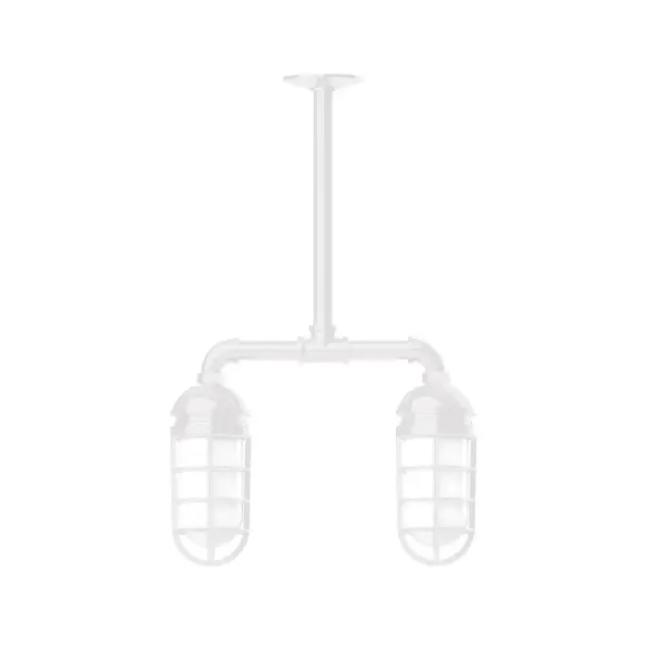 Maximize your light output with our Multi-Light Stem Hung Pendants. Illuminate an outdoor or indoor kitchen island or dining table, hang over a sink or in the bath. The industrial look works well in both commercial and residential applications. Our weathertight glass and guard will protect your light source from damage in a storm, as well as light your way in great nautical style. Collection: Vaportite Finish: White Glass: 5 inch Vaportite Notes: Option (2) A19 LED and 1-Integrated 8W Width: 4.63" Height: 23.38" Length: 15.50" Weight: 13.00 lb Canopy: 4.125" diameter Number of Bulbs: 2 Maximum Wattage: 100.00 W Bulb Type: A19 Bulb Base: E26 Medium Light Source: Incandescent or LED equivalent Dimmable Voltage: 120.00 V Country of Origin: US Safety Listing: UL/cUL Safety Rating: Wet Dark Sky LED Manufacturer Warranty: 1-year limited warranty on the fixture.