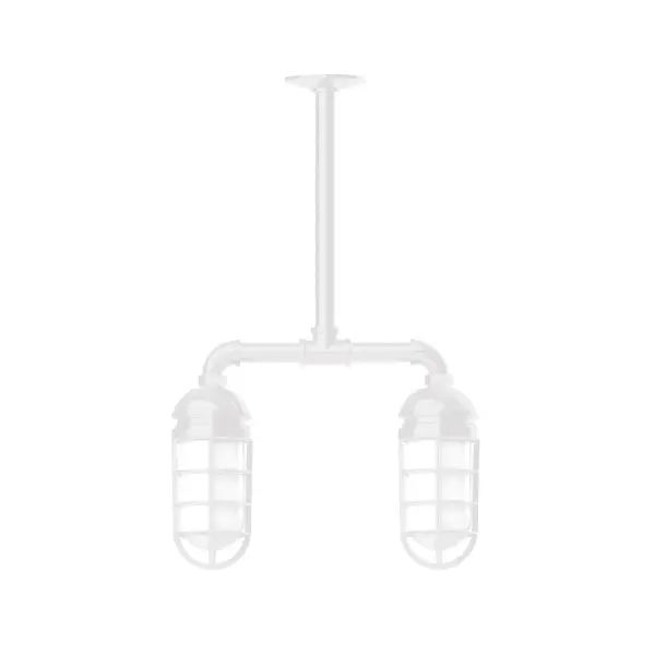 Maximize your light output with our Multi-Light Stem Hung Pendants. Illuminate an outdoor or indoor kitchen island or dining table, hang over a sink or in the bath. The industrial look works well in both commercial and residential applications. Our weathertight glass and guard will protect your light source from damage in a storm, as well as light your way in great nautical style. Collection: Vaportite Finish: White Glass: 5 inch Vaportite Notes: Option (2) A19 LED and 1-Integrated 8W Width: 4.63" Height: 23.38" Length: 15.50" Weight: 13.00 lb Canopy: 4.125" diameter Number of Bulbs: 2 Maximum Wattage: 100.00 W Bulb Type: A19 Bulb Base: E26 Medium Light Source: Incandescent or LED equivalent Dimmable Voltage: 120.00 V Country of Origin: US Safety Listing: UL/cUL Safety Rating: Wet Dark Sky LED Manufacturer Warranty: 1-year limited warranty on the fixture.