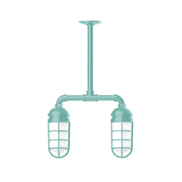 Maximize your light output with our Multi-Light Stem Hung Pendants. Illuminate an outdoor or indoor kitchen island or dining table, hang over a sink or in the bath. The industrial look works well in both commercial and residential applications. Our weathertight glass and guard will protect your light source from damage in a storm, as well as light your way in great nautical style. Collection: Vaportite Finish: Sea Green Glass: 5 inch Vaportite Notes: Option (2) A19 LED and 1-Integrated 8W Width: 4.63" Height: 23.38" Length: 15.50" Weight: 13.00 lb Canopy: 4.125" diameter Number of Bulbs: 2 Maximum Wattage: 100.00 W Bulb Type: A19 Bulb Base: E26 Medium Light Source: Incandescent or LED equivalent Dimmable Voltage: 120.00 V Country of Origin: US Safety Listing: UL/cUL Safety Rating: Wet Dark Sky LED Manufacturer Warranty: 1-year limited warranty on the fixture.