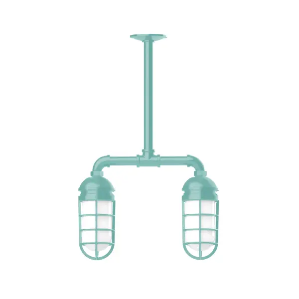 Maximize your light output with our Multi-Light Stem Hung Pendants. Illuminate an outdoor or indoor kitchen island or dining table, hang over a sink or in the bath. The industrial look works well in both commercial and residential applications. Our weathertight glass and guard will protect your light source from damage in a storm, as well as light your way in great nautical style. Collection: Vaportite Finish: Sea Green Glass: 5 inch Vaportite Notes: Option (2) A19 LED and 1-Integrated 8W Width: 4.63" Height: 23.38" Length: 15.50" Weight: 13.00 lb Canopy: 4.125" diameter Number of Bulbs: 2 Maximum Wattage: 100.00 W Bulb Type: A19 Bulb Base: E26 Medium Light Source: Incandescent or LED equivalent Dimmable Voltage: 120.00 V Country of Origin: US Safety Listing: UL/cUL Safety Rating: Wet Dark Sky LED Manufacturer Warranty: 1-year limited warranty on the fixture.