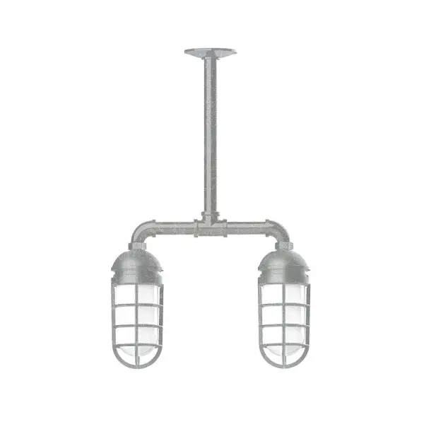 Maximize your light output with our Multi-Light Stem Hung Pendants. Illuminate an outdoor or indoor kitchen island or dining table, hang over a sink or in the bath. The industrial look works well in both commercial and residential applications. Our weathertight glass and guard will protect your light source from damage in a storm, as well as light your way in great nautical style. Collection: Vaportite Finish: Painted Galvanized Glass: 5 inch Vaportite Notes: Option (2) A19 LED and 1-Integrated 8W Width: 4.63" Height: 23.38" Length: 15.50" Weight: 13.00 lb Canopy: 4.125" diameter Number of Bulbs: 2 Maximum Wattage: 100.00 W Bulb Type: A19 Bulb Base: E26 Medium Light Source: Incandescent or LED equivalent Dimmable Voltage: 120.00 V Country of Origin: US Safety Listing: UL/cUL Safety Rating: Wet Dark Sky LED Manufacturer Warranty: 1-year limited warranty on the fixture.