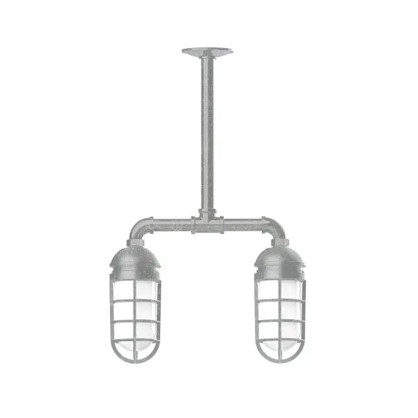 Maximize your light output with our Multi-Light Stem Hung Pendants. Illuminate an outdoor or indoor kitchen island or dining table, hang over a sink or in the bath. The industrial look works well in both commercial and residential applications. Our weathertight glass and guard will protect your light source from damage in a storm, as well as light your way in great nautical style. Collection: Vaportite Finish: Painted Galvanized Glass: 5 inch Vaportite Notes: Option (2) A19 LED and 1-Integrated 8W Width: 4.63" Height: 23.38" Length: 15.50" Weight: 13.00 lb Canopy: 4.125" diameter Number of Bulbs: 2 Maximum Wattage: 100.00 W Bulb Type: A19 Bulb Base: E26 Medium Light Source: Incandescent or LED equivalent Dimmable Voltage: 120.00 V Country of Origin: US Safety Listing: UL/cUL Safety Rating: Wet Dark Sky LED Manufacturer Warranty: 1-year limited warranty on the fixture.