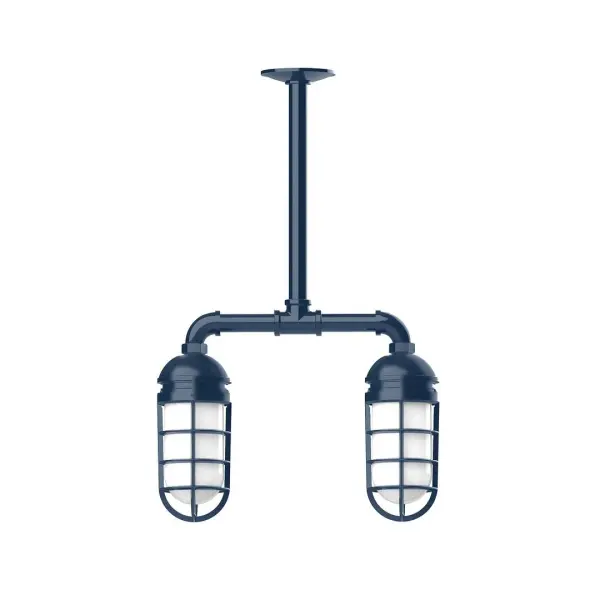 Maximize your light output with our Multi-Light Stem Hung Pendants. Illuminate an outdoor or indoor kitchen island or dining table, hang over a sink or in the bath. The industrial look works well in both commercial and residential applications. Our weathertight glass and guard will protect your light source from damage in a storm, as well as light your way in great nautical style. Collection: Vaportite Finish: Navy Glass: 5 inch Vaportite Notes: Option (2) A19 LED and 1-Integrated 8W Width: 4.63" Height: 23.38" Length: 15.50" Weight: 13.00 lb Canopy: 4.125" diameter Number of Bulbs: 2 Maximum Wattage: 100.00 W Bulb Type: A19 Bulb Base: E26 Medium Light Source: Incandescent or LED equivalent Dimmable Voltage: 120.00 V Country of Origin: US Safety Listing: UL/cUL Safety Rating: Wet Dark Sky LED Manufacturer Warranty: 1-year limited warranty on the fixture.